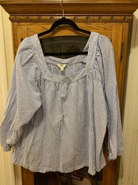 Terra & sky Light Blue Striped Peasant Blouse - Women Tops